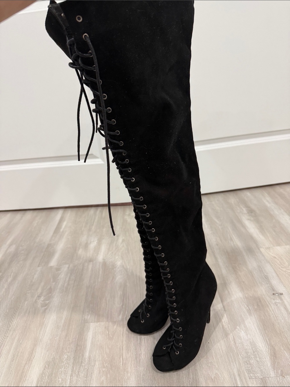 Black Over-the-Knee Lace-Up Heeled Boots - Women's